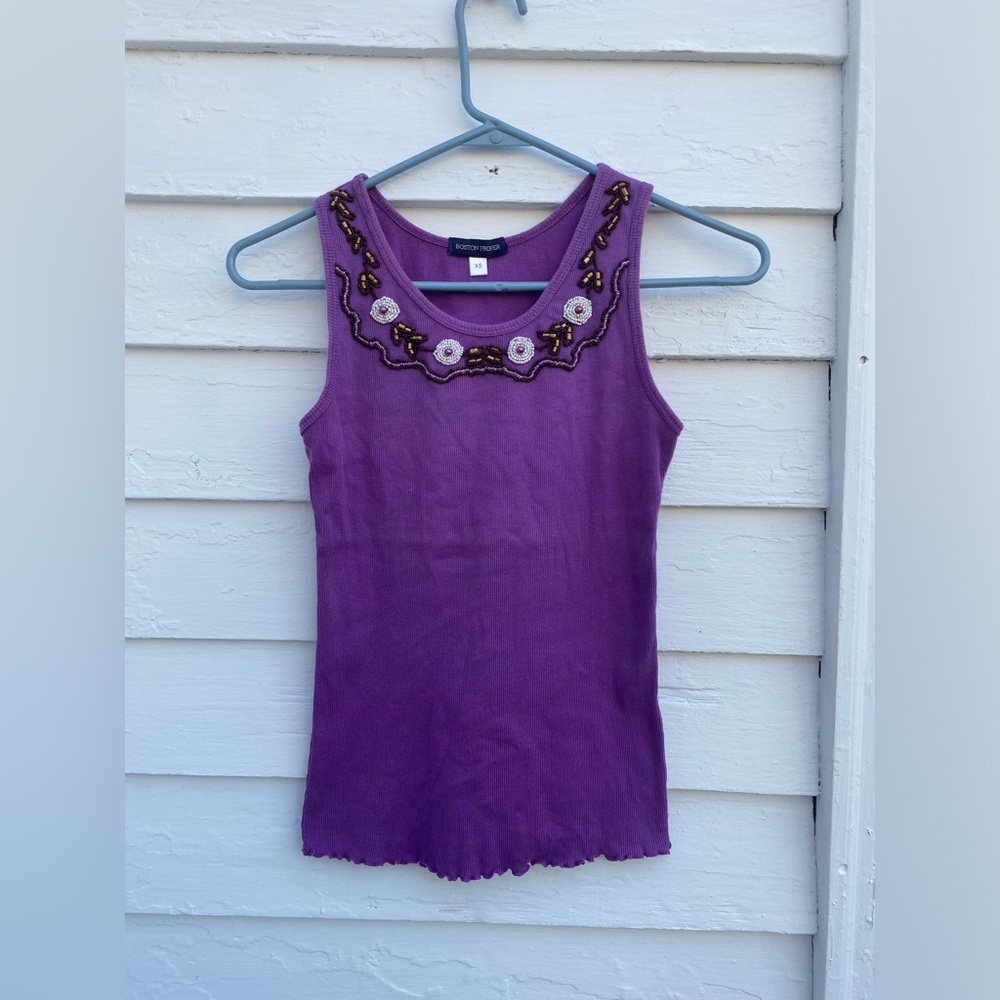 Boston Proper Purple Beaded Embellished Cotton Tank Top